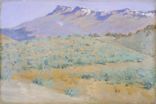 Frederic Remington, Untitled (Blue prairie, mountains and sky in background), oil on board, Framed: 18 7/8 x 24 5/8in. (47.9 x 62.5cm)
Object: 14 5/8 x 20 3/4in. (37.1 x 52.7cm), Courtesy of the Buffalo Bill Center of the West, Cody, Wyoming, Gift of the Coe Foundation