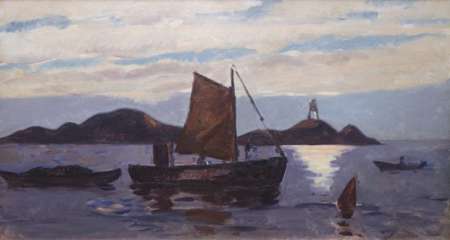 Gifford Beal, Fishing Boats & Lighthouses, Oil on canvas, Overall: 24 1/4 × 41 1/2 × 1 1/4in. (61.6 × 105.4 × 3.2cm), Collection of Art in Embassies, Washington, D.C.; Gift of the Estate of Gifford Beal, Courtesy of Kraushaar Galleries, New York, New York