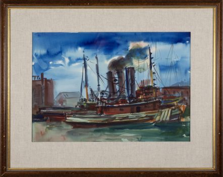 Reginald Marsh, Ferry Boat Docked in River, Watercolor, 20 1/4 × 25 3/4 × 1in. (51.4 × 65.4 × 2.5cm), Collection of Art in Embassies, Washington, D.C.; Gift of William Benton
