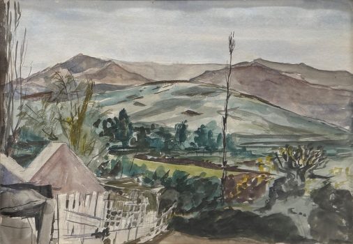 Reginald Marsh, Farm in the Hills, Watercolor, Overall: 25 1/2 × 31 1/2 × 1 1/2in. (64.8 × 80 × 3.8cm), Collection of Art in Embassies, Washington, D.C.; Gift of William Benton
