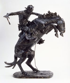 Frederic Remington, The Broncho Buster (large), bronze, Overall: 32 × 29 1/2 × 18 1/2in. (81.3 × 74.9 × 47cm), Courtesy of the Buffalo Bill Center of the West, Cody, Wyoming, Gertrude Vanderbilt Whitney Trust Fund