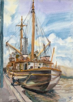 Reginald Marsh, Boat at Dock, Watercolor, Overall: 43 x 34 1/2 x 2 in. (109.2 x 87.6 x 5.1 cm), Collection of Art in Embassies, Washington, D.C.; Gift of William Benton
