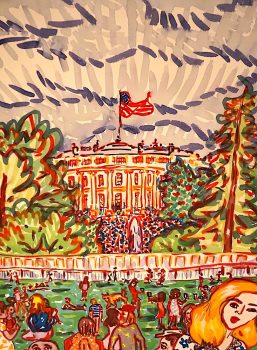 Katherine Dolgy Ludwig, President Trump Greets Officers at White House During Blue Lives Matter March, Watercolor on acid-free Arches paper, Image: 30 × 22in. (76.2 × 55.9cm); frame: 35 1/2 × 27 1/2in. (90.2 × 69.9cm), Courtesy of the artist, New York, New York