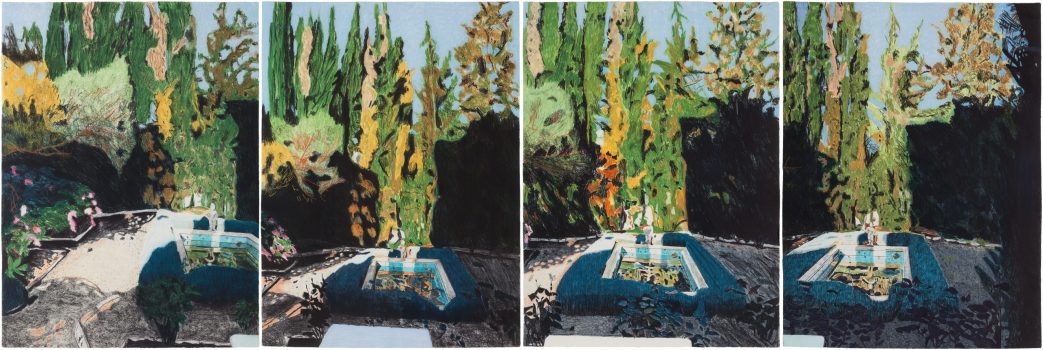 Jennifer Bartlett, Shadow, Etching, softground, aquatint, spitbite, scraping, burnishing, and drypoint on four sheets of Fabriano Tiepolo paper
Edition 34/60, Framed: 35 × 94 1/2in. (88.9 × 240cm); Overall: 30 × 88in. (76.2 × 223.5cm), Art in Embassies, U.S. Department of State, Permanent Collection