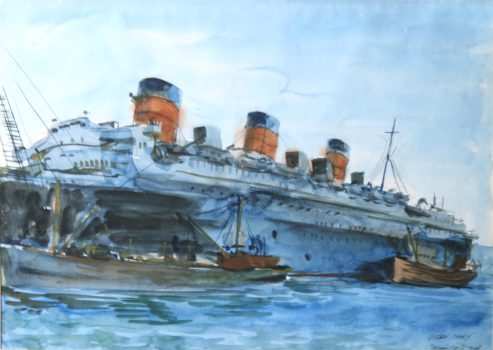 Reginald Marsh, Queen Mary, Watercolor, Overall: 28 1/4 x 34 1/4 x 1in. (71.8 x 87 x 2.5cm), Collection of Art in Embassies, Washington, D.C.; Gift of William Benton
