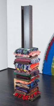 Marie Watt, Skywalker/Skyscraper (Babel), Reclaimed wool blankets and steel, Overall: 96 x 20 x 22in. (243.8 x 50.8 x 55.9 cm); beam & base: 175 lb. (79.4 kg), Courtesy of the artist and PDX Contemporary Art, Portland, Oregon