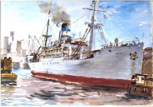 Reginald Marsh, Boat In Harbor - N.Y. Skyline, Watercolor on paper, Framed: 26 x 32 x 3 in. (66 x 81.3 x 7.6 cm), Collection of Art in Embassies, Washington, D.C.; Gift of William Benton