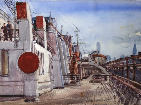 Reginald Marsh, RMS Queen Mary, Watercolor, 31 1/2 × 37 1/2 × 2in. (80 × 95.3 × 5.1cm), Collection of Art in Embassies, Washington, D.C.; Gift of William Benton