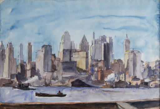Reginald Marsh, N.Y. Skyline with Tug and Canoe in Foreground, Watercolor, Overall: 26 x 32 x 3 in. (66 x 81.3 x 7.6 cm), Collection of Art in Embassies, Washington, D.C.; Gift of William Benton