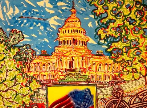 Katherine Dolgy Ludwig, Capitol Building with Bike and Artist's Flag Painting, Watercolor on acid-free Arches paper, Image: 22 × 30in. (55.9 × 76.2cm); frame: 27 1/2 × 35 1/2in. (69.9 × 90.2cm), Courtesy of the artist, New York, New York