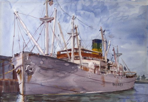 Reginald Marsh, Boat, Watercolor, Overall: 32 x 36 1/4 x 2 3/4 in. (81.3 x 92.1 x 7 cm), Collection of Art in Embassies, Washington, D.C.; Gift of William Benton