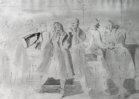 Reginald Marsh, People at a Bar, Watercolor, Overall: 37 1/8 x 45 3/4 x 1 1/4 in. (94.3 x 116.2 x 3.2 cm), Collection of Art in Embassies, Washington, D.C.; Gift of William Benton
