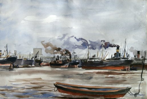 Reginald Marsh, Shipyard, Watercolor, Overall: 25 x 31 1/4 x 1 3/4 in. (63.5 x 79.4 x 4.4 cm), Collection of Art in Embassies, Washington, D.C.; Gift of William Benton