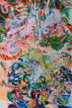 Alex Nuñez, No Soy de Aqui, Ni Soy de Alla, Acrylic and mixed media on canvas, 60 × 89in. (152.4 × 226.1cm), Courtesy of the artist