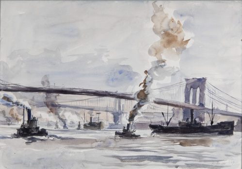 Reginald Marsh, Bridges Over East River, Watercolor, Overall: 27 x 33 in. (68.6 x 83.8cm), Collection of Art in Embassies, Washington, D.C.; Gift of William Benton