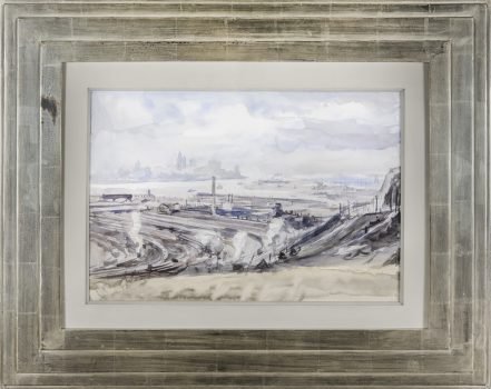 Reginald Marsh, Railroad Yard, Watercolor, Overall: 25 1/8 x 31 x 1 in. (63.8 x 78.7 x 2.5 cm), Collection of Art in Embassies, Washington, D.C.; Gift of William Benton
