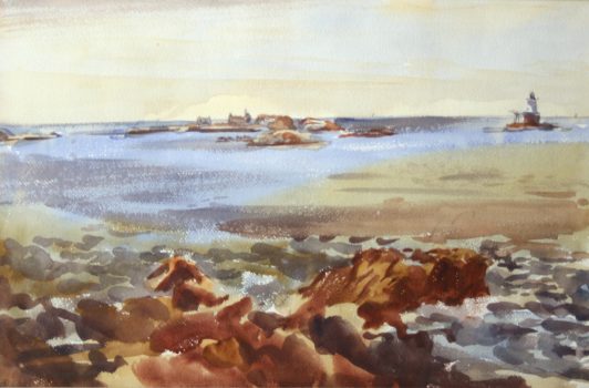Reginald Marsh, Lighthouse In Bay, Watercolor, Overall: 25 1/4 × 31 1/2 × 1 1/2in. (64.1 × 80 × 3.8cm), Collection of Art in Embassies, Washington, D.C.; Gift of William Benton